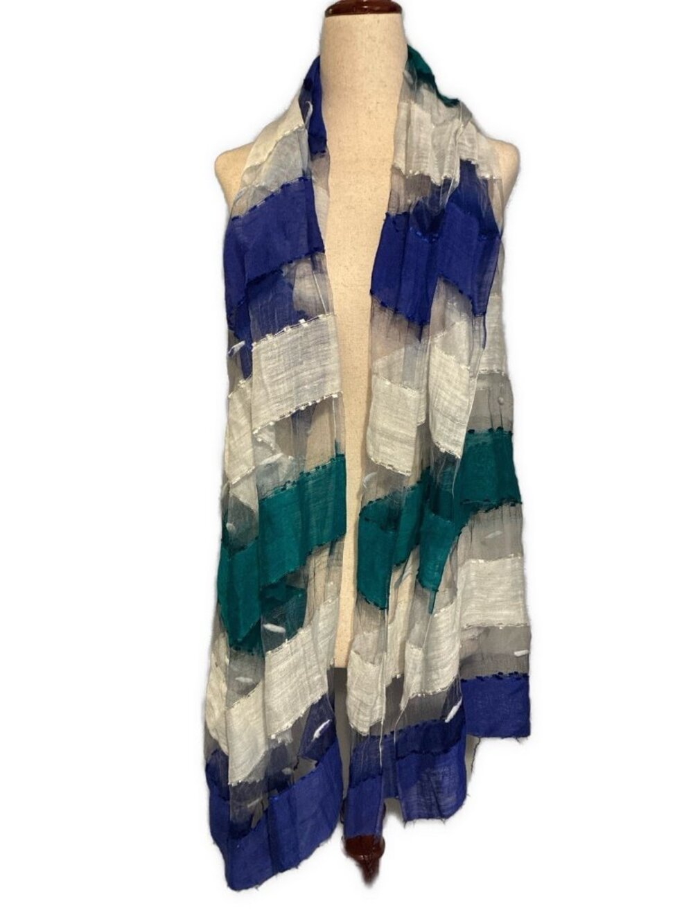 Boutique Greece Blue Teal White Colorblock Sheer Lightweight Scarf Wrap Fringe